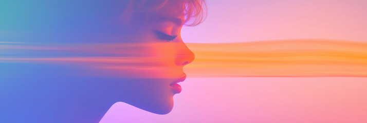 Poster - An intimate portrait of a womanâ€™s face, softly lit and framed by delicate swirling orange and