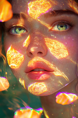 Poster - A moody close-up of a womanâ€™s face, her features highlighted by soft orange and purple swirls,