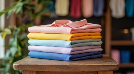 Poster - A cozy boutique features a vibrant stack of neatly folded shirts in pastel hues, illuminated by warm sunlight filtering through the window. The inviting atmosphere enhances the display