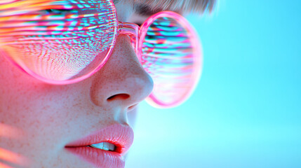 Aufkleber - A cinematic portrait of a woman wearing round pink-tinted glasses, with neon reflections of cyan