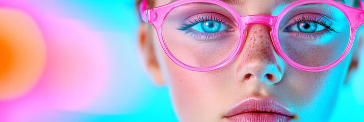 Aufkleber - A close-up shot of a womanâ€™s face framed by round pink-tinted glasses, surrounded by vivid neon