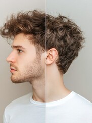 Poster - Side by side view of unkempt hair and a trendy haircut illustrating transformation in personal grooming. Generative AI