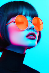 Aufkleber - A close-up of a woman with round pink-tinted glasses, captured with blurred neon reflections in