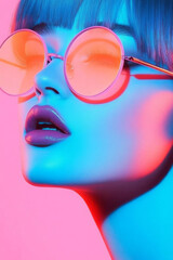 Aufkleber - A mesmerizing close-up of a woman in round pink-tinted glasses, her face softly illuminated by