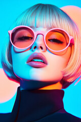 Aufkleber - A close-up of a woman with round pink-tinted glasses, captured with blurred neon reflections in