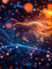 Poster - abstract digital landscape with glowing blue and orange particles