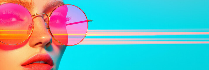 Aufkleber - A futuristic close-up of a woman in round pink-tinted glasses, surrounded by blurred shifting light