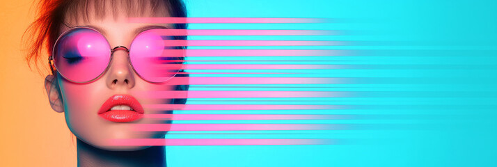Leinwandbilder - A futuristic close-up of a woman in round pink-tinted glasses, surrounded by blurred shifting light