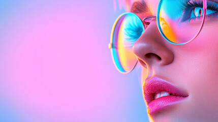 Aufkleber - A cinematic shot of a womanâ€™s face, her round pink-tinted glasses reflecting blurred neon lights
