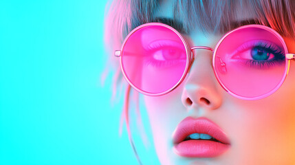 Aufkleber - A cinematic shot of a womanâ€™s face, her round pink-tinted glasses reflecting blurred neon lights