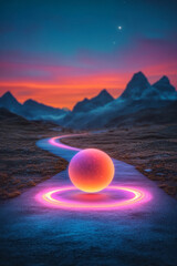 Aufkleber - A surreal scene of a glowing orb on a curved road, emitting vibrant orange, red, and purple light