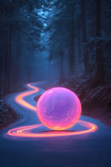 Aufkleber - A surreal scene of a glowing orb on a curved road, emitting vibrant orange, red, and purple light