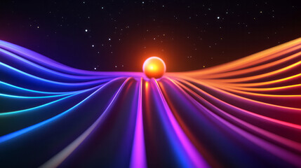 Poster - A futuristic road with a glowing orb at its center, sending dynamic streaks of orange, red, and