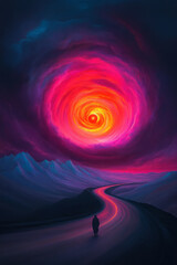 Poster - A vibrant scene with a glowing orb on a curved road, radiating dynamic streaks of orange, red, and