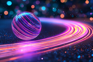 Poster - A captivating close-up of a glowing orb on a winding road, emitting streaks of orange, red, and