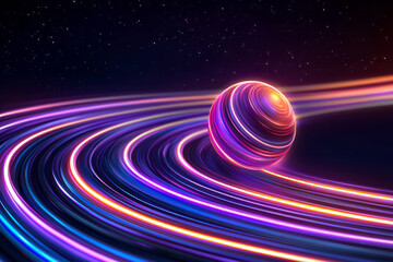 Poster - A glowing orb at the center of a curved path, radiating streaks of orange, red, and purple light,