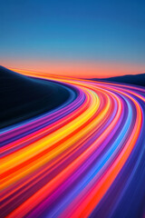 Aufkleber - A glowing orb on a curved road, radiating streaks of vibrant orange, red, and purple light, with