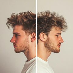 Poster - Side by side comparison of messy hair and a well styled haircut of a young man in a simple indoor setup. Generative AI
