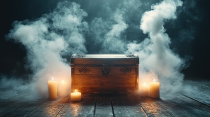 A vintage wooden chest shrouded in smoke, illuminated by flickering candles, creates an air of mystery and intrigue, sparking the imagination with hidden treasures and secrets.