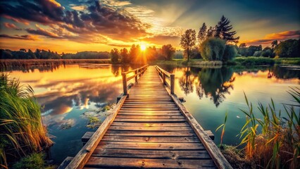 Canvas Print - Vintage Lake Bridge Photo: Rustic Wooden Structure Spanning Calm Water at Sunset