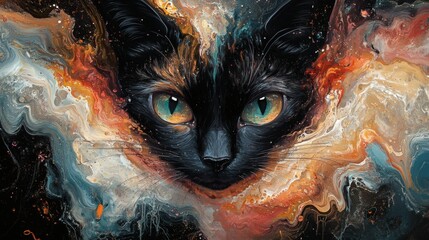 Fototapete - Fluid paint abstract expressionism depict a Siamese cat surrounded by swirling pastels The full canvas captures sharp details and rich impasto textures in an intricate abstract scene