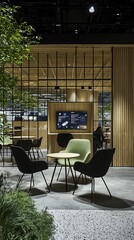 Aufkleber - Modern office lounge with plants, screen, and seating