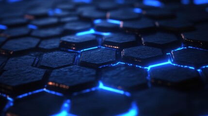 Poster - abstract technology connect concept blue geometric hexagons pattern with glowing light on dark backg