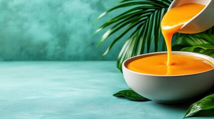 A beautiful orange purée is being poured into a sleek white bowl against a soft turquoise backdrop, highlighting the vibrant colors and textures of the scene.