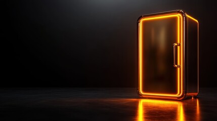 This image showcases a stylistic, modern retro fridge illuminated with vibrant neon orange lights, creating an eye-catching effect against a dark background.