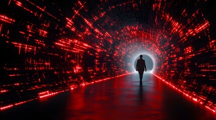 Fototapete - Person Walking Through Digital Tunnel of Light and Data Patterns