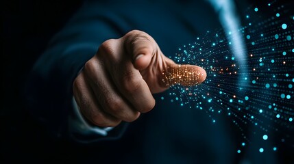 Poster - Hand Reaching Toward Digital Sparks in a Dark Background