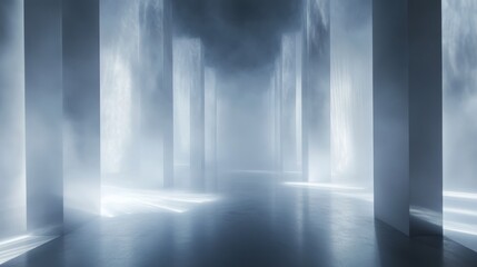 Poster - Mysterious ethereal corridor with light beams piercing through foggy atmosphere in a surreal and tranquil setting