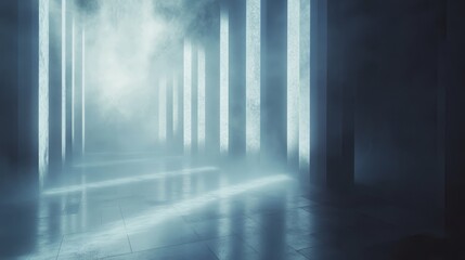 Poster - Mysterious hallway with illuminated pillars and fog creating an eerie atmosphere