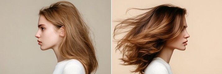 Poster - Side by side comparison of unkempt hair and a stylish haircut showcasing two different looks in a neutral background. Generative AI