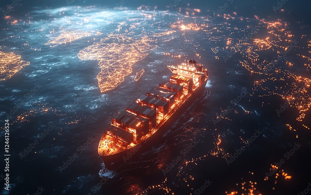 Cargo vessel sailing under a glowing digital world map, representing ...