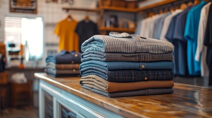 Poster - In a vibrant boutique, a stack of carefully folded shirts showcases a range of colors and patterns, inviting shoppers to explore the curated collection of stylish apparel in a welcoming space