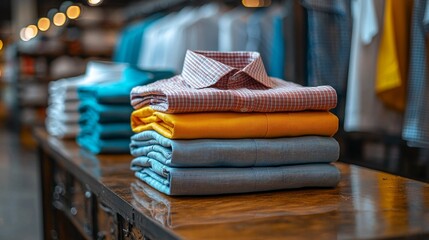 Poster - Neatly arranged stacks of colorful shirts in various shades accentuate the lively atmosphere of a trendy retail space, inviting customers to explore unique fashion choices