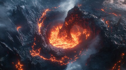 Fototapete - Above the Abyss reveals its chaotic layers of lava rivers craggy mountains and eerie structures under a menacing light