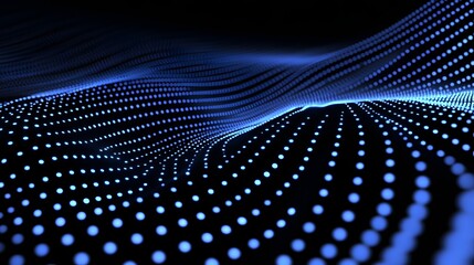 Fototapete - Abstract Flowing Waves of Blue Dots in a Dark Digital Space