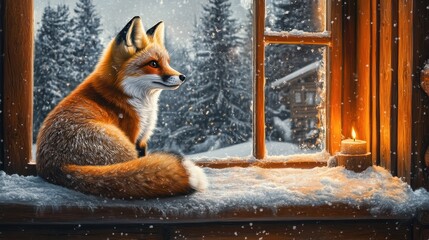 Wall Mural - Winter wonderland featuring a fox looking out from a cozy cabin window as snowflakes fall gently