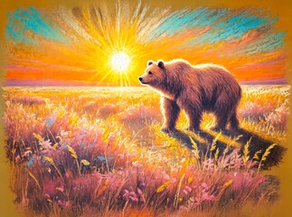 Brown Bear Sunset Pastel Chalk Artwork