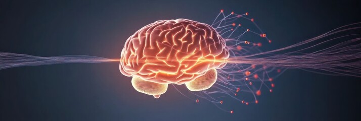 Fototapete - Scientific depiction of brain and nervous system with glowing neuron pathways and electrical pulses in a dark backdrop. Generative AI
