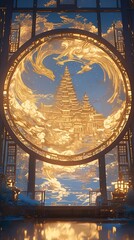 Wall Mural - A golden magical portal on an ancient island connected to an ancient city from a fairy tale