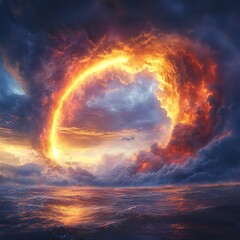 Poster - Fullbody 3D rendering of powerful thunderstorm hurricane volcanic eruption and rainbow with swirling clouds and molten lava vibrant rainbow amid the chaos