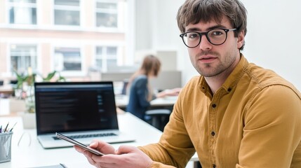 Poster - Focused Professional Using Digital Tablet in Modern Office, Natural Light, Vibrant Colors