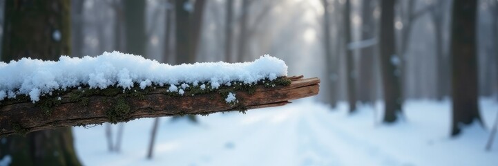 Wall Mural - snowy forest branch stretched forward horizontally, chipped bark exposed, , forest, wood