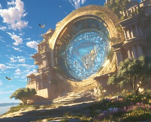 Wall Mural - A golden magical portal on an ancient island connected to an ancient city from a fairy tale