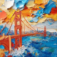 Poster - Full canvas fine art of Golden Gate Bridge with its arches sculpted in fluid paint and impasto strokes The San Francisco cityscape behind it crafted in abstract expressionism