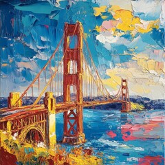 Poster - full canvas fine art of golden gate bridge with its arches sculpted in fluid paint and impasto strok
