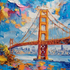 Poster - Full canvas fine art of Golden Gate Bridge with its arches sculpted in fluid paint and impasto strokes The San Francisco cityscape behind it crafted in abstract expressionism
